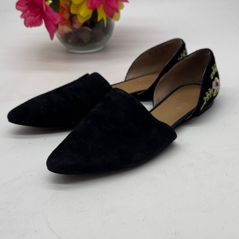 Franco Sarto Black Suede Pointed D'Orsay Flats with Floral Embroidery Size 7.5